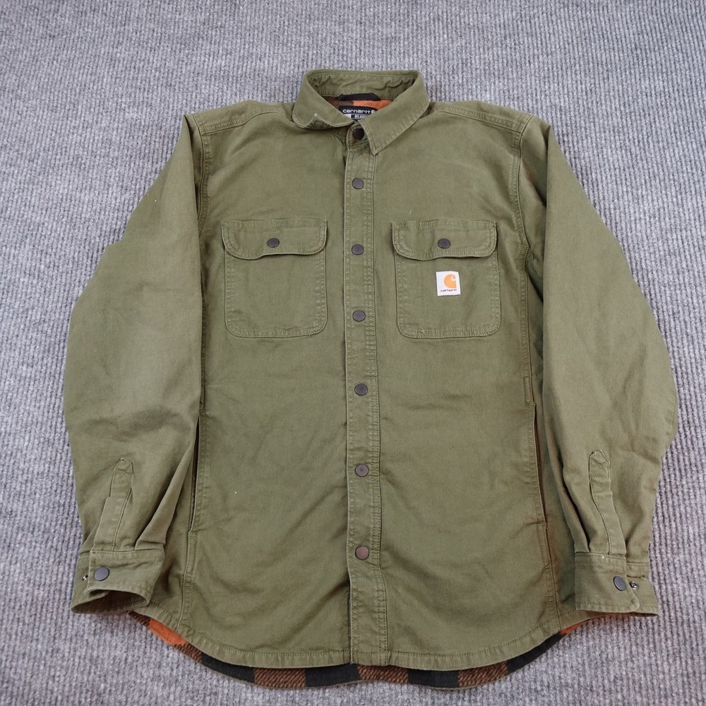 Carhartt TJ5419-M Mens Medium Green Fleece Lined Canvas Snap Shirt Jacket